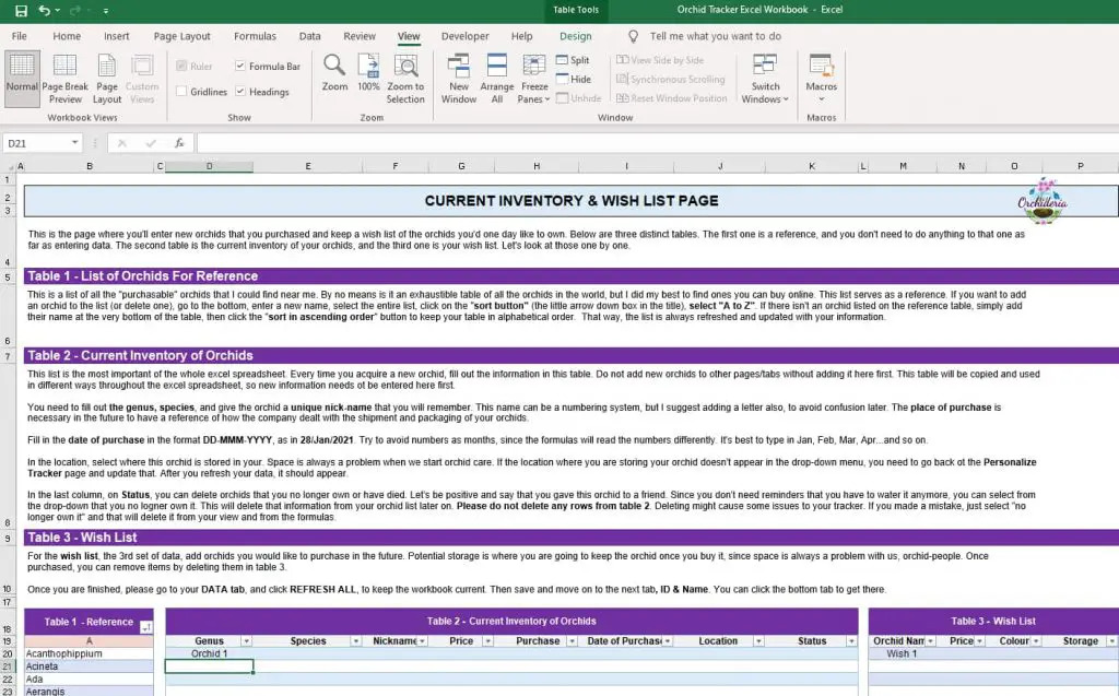 Orchid Inventory and Wish List Excel Tab