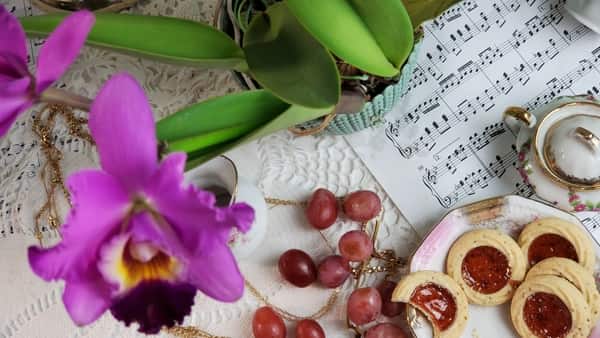 Cattleya orchid with grapes, cookies, and music