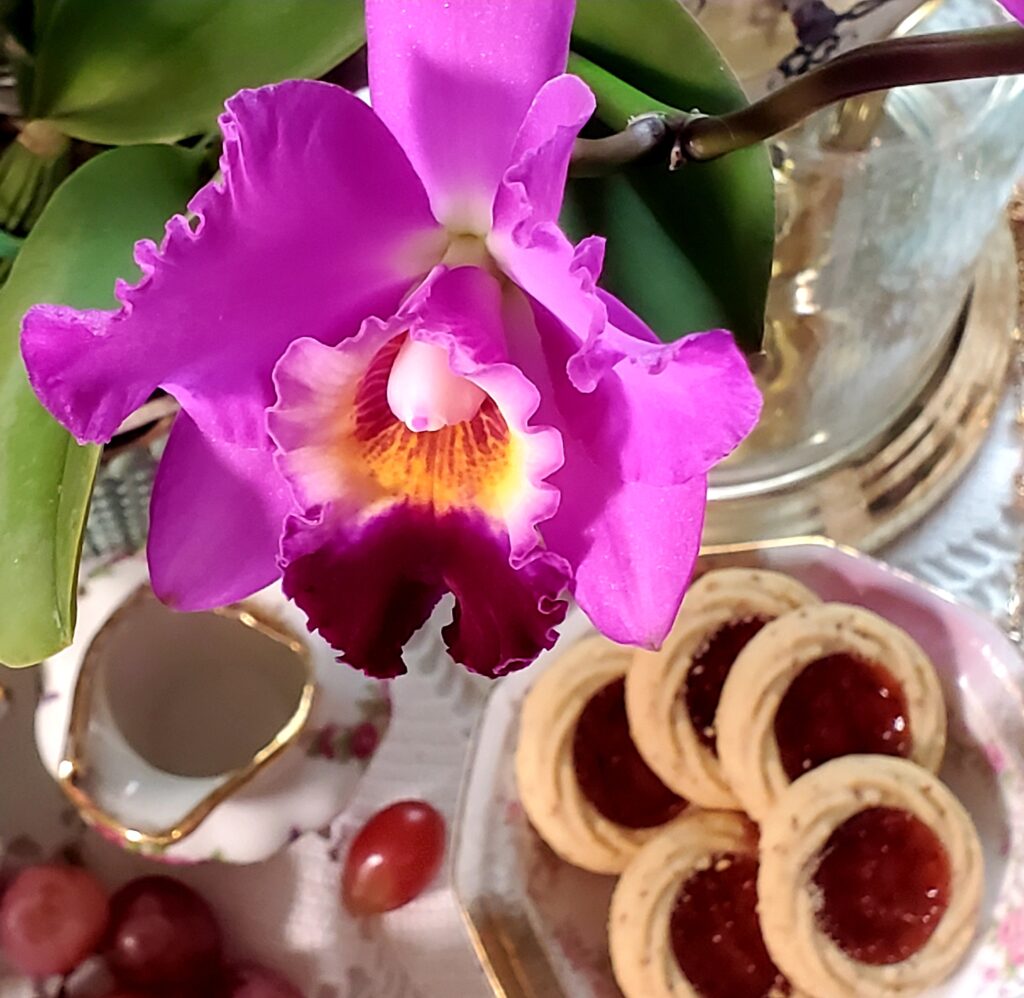 Fragrant ORchid next to cookies with tea